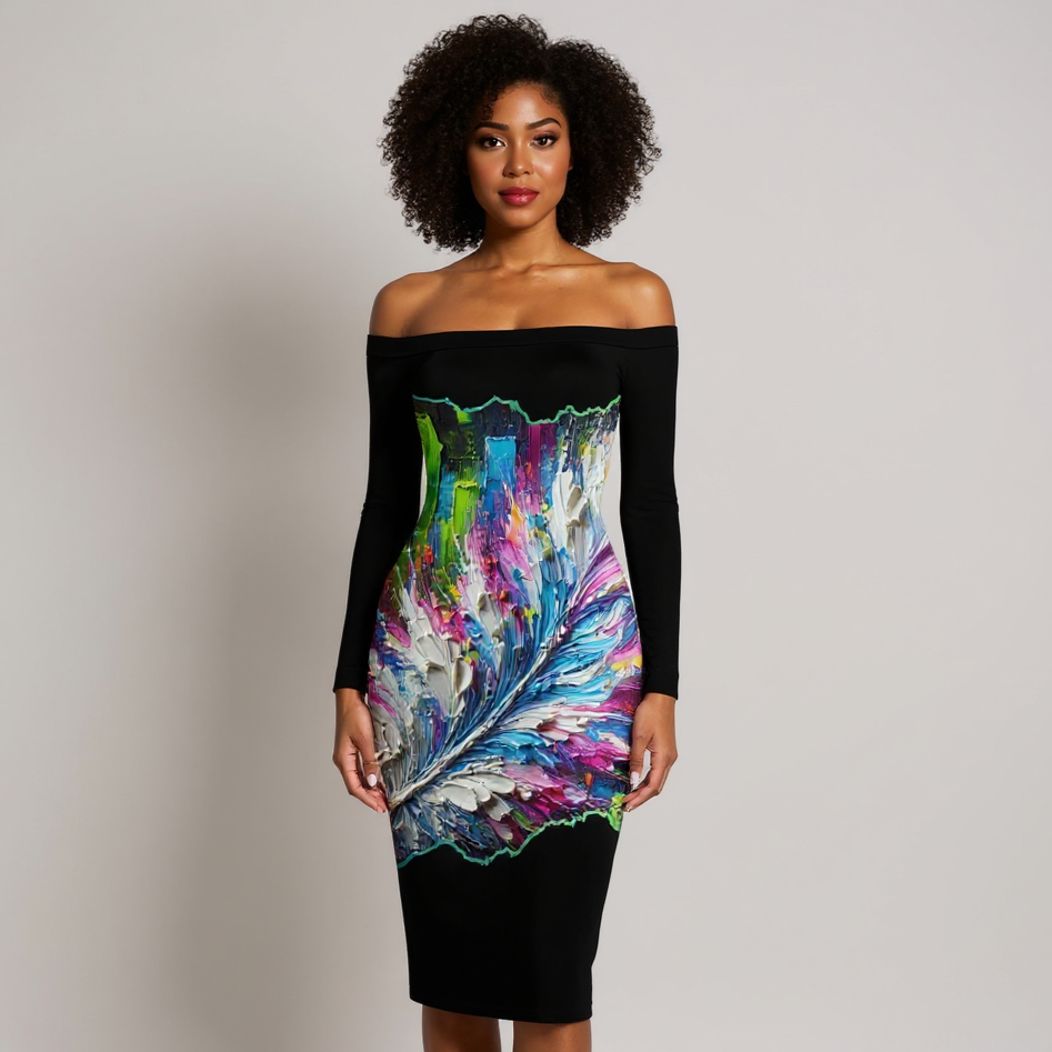 Eclipse Bodycon Off-Shoulder Dress |"Abstract Feather Print"