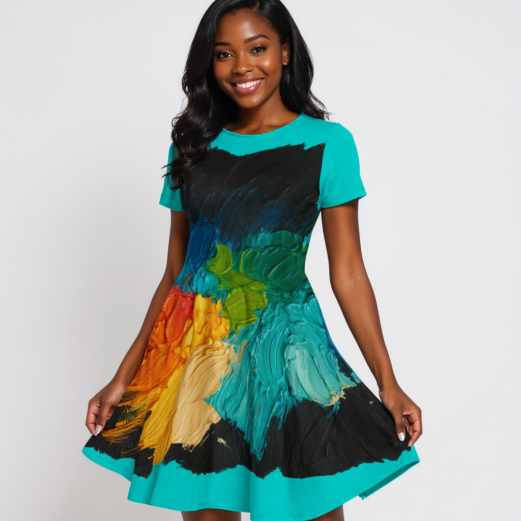 Premium Milk-Silk Short Sleeve Summer Dress |"Paint Abstract"