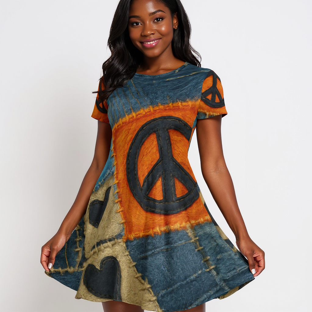 Premium Milk-Silk Short Sleeve Summer Dress |"Denim Patch Print"