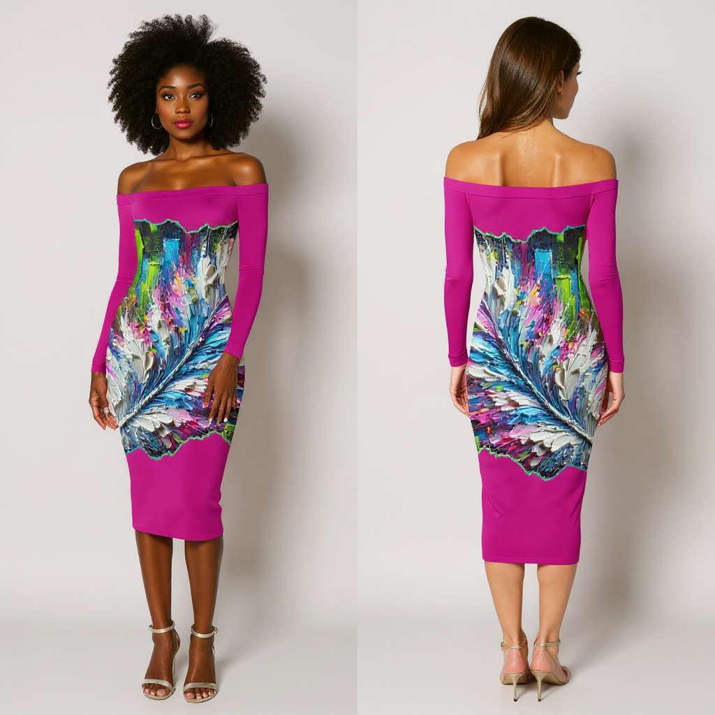 Eclipse Bodycon Off-Shoulder Dress |"Abstract Feather Print"