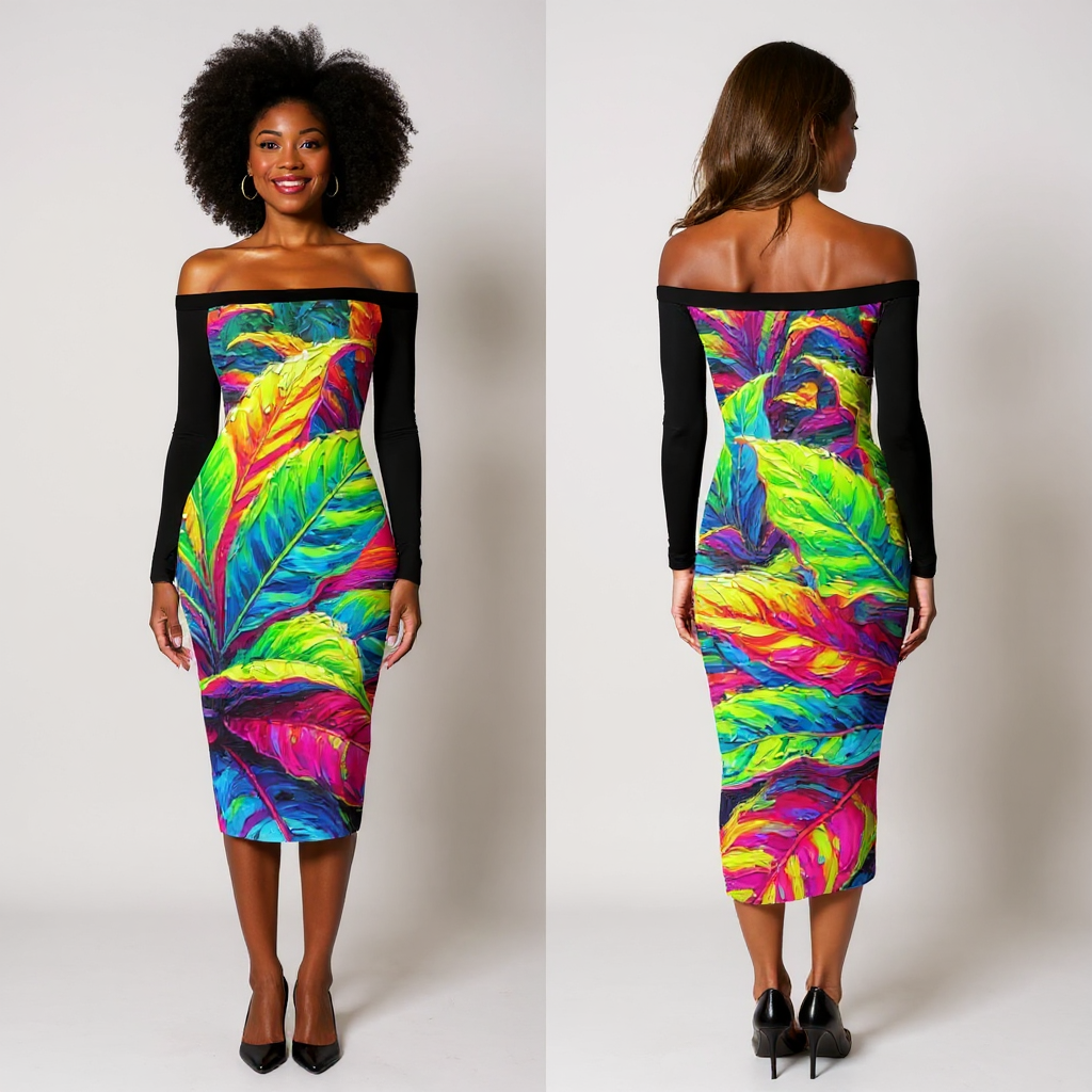 Eclipse Bodycon Off-Shoulder Dress | "Neon Croton Print"