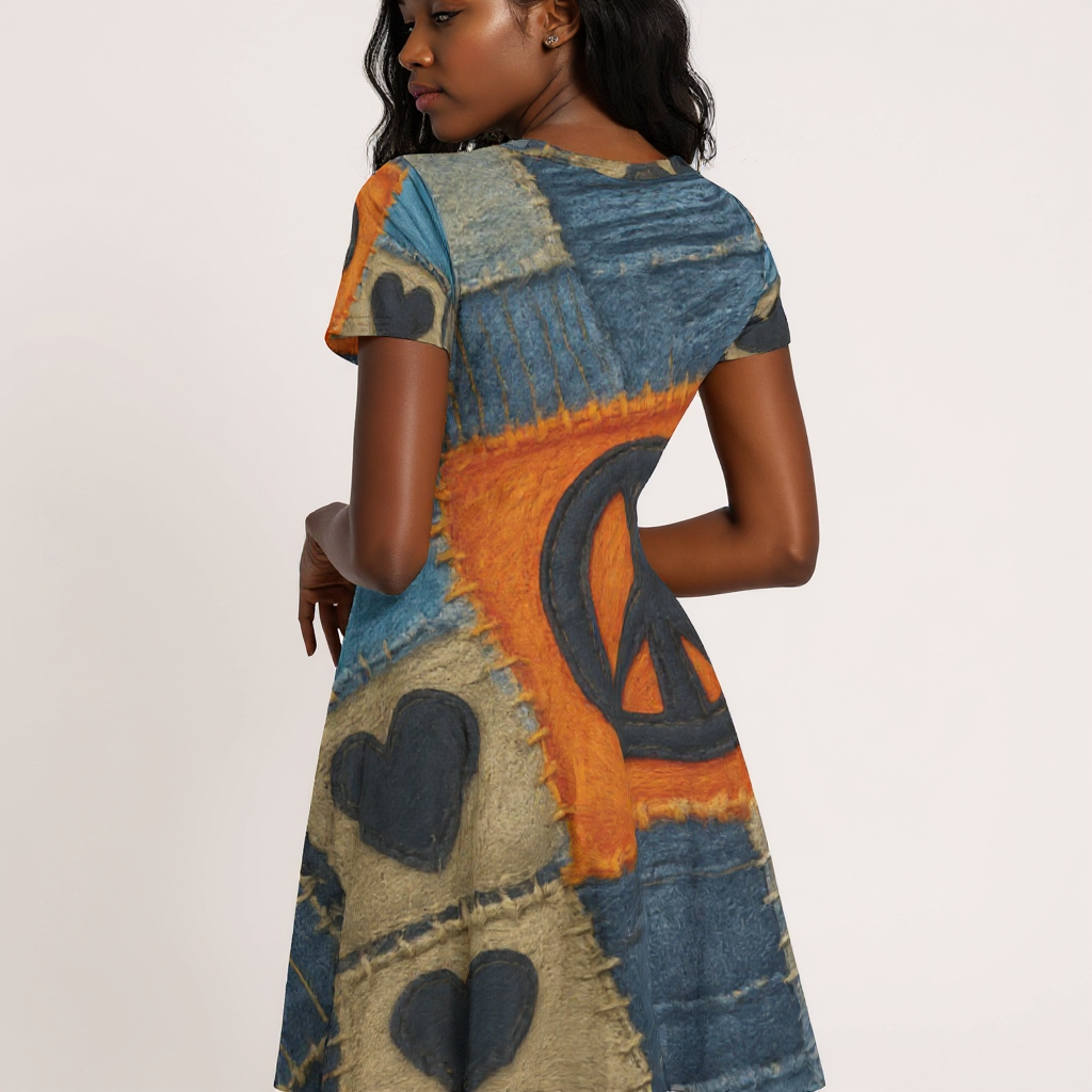 Premium Milk-Silk Short Sleeve Summer Dress |"Denim Patch Print"