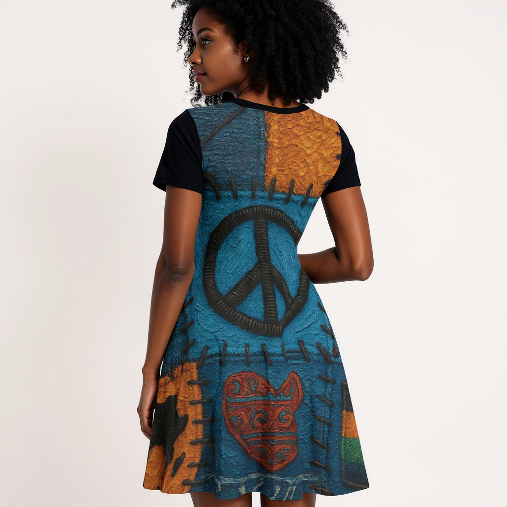 Premium Milk-Silk Short Sleeve Summer Dress |"Denim Patch Print"