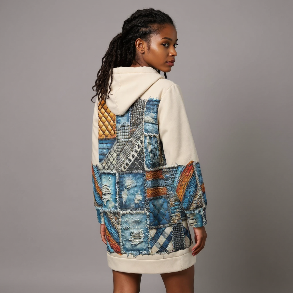 VelvetVibe™ Luxe Hoodie Dress | "Denim Patchwork Print"