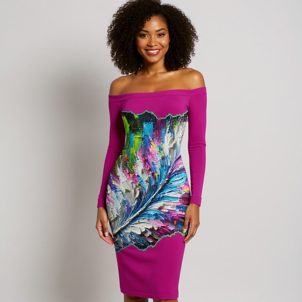 Eclipse Bodycon Off-Shoulder Dress |"Abstract Feather Print"