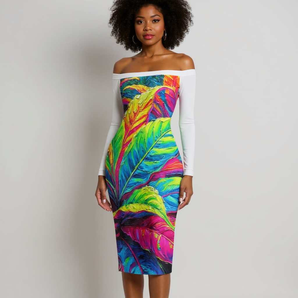 Eclipse Bodycon Off-Shoulder Dress | "Neon Croton Print"