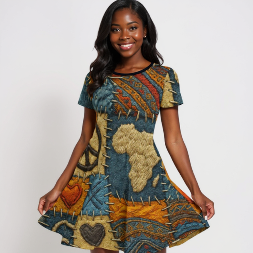 Premium Milk-Silk Short Sleeve Summer Dress |"Denim Patch Print"