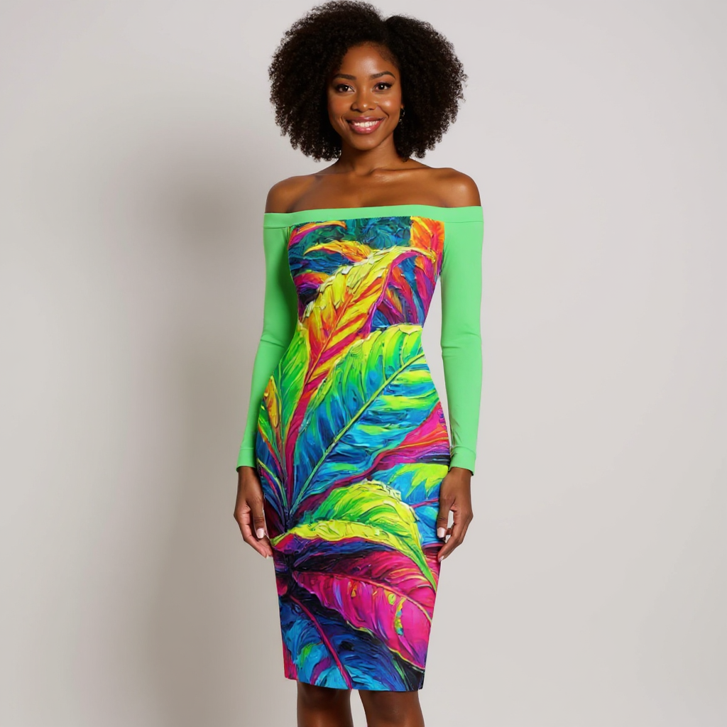 Eclipse Bodycon Off-Shoulder Dress | "Neon Croton Print"