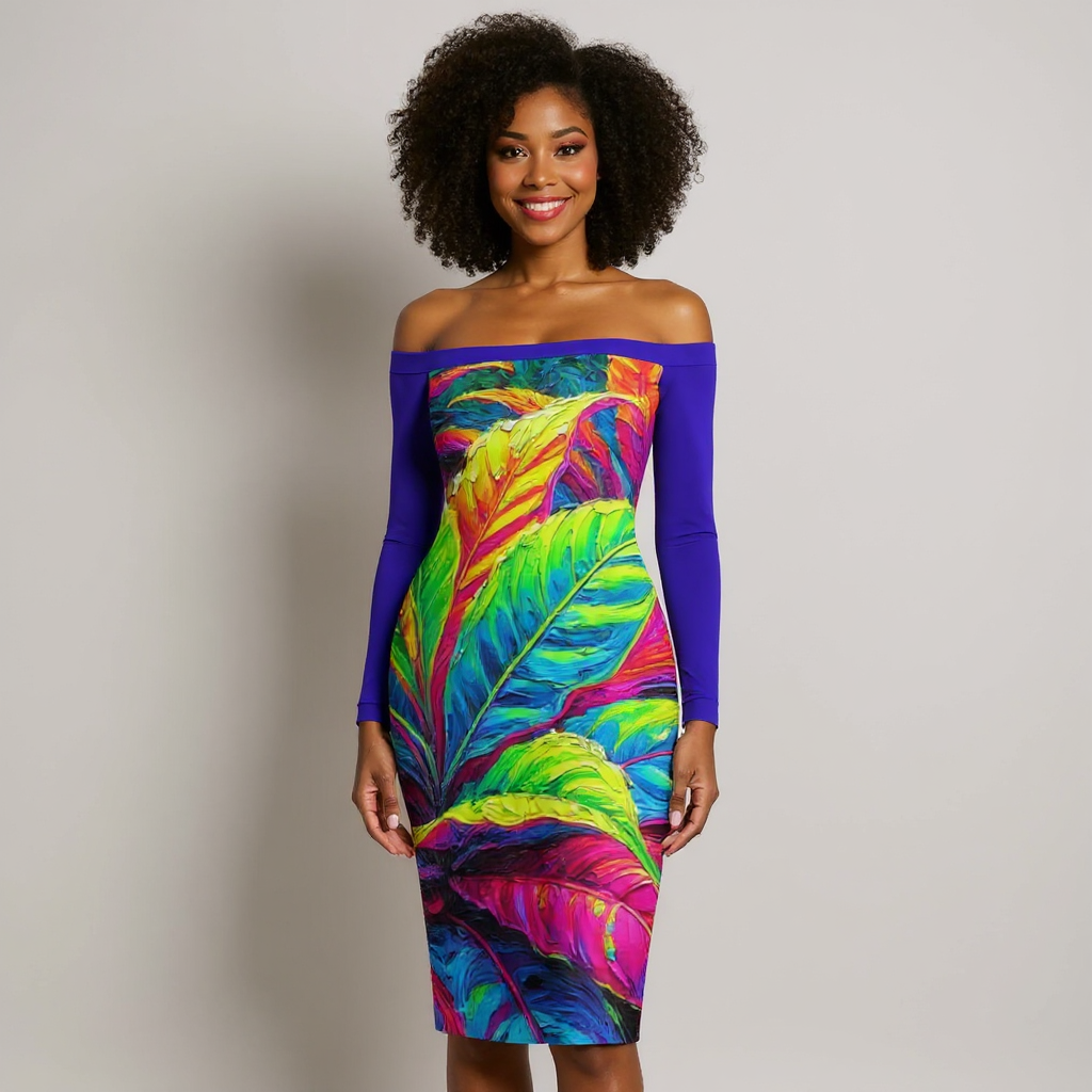 Eclipse Bodycon Off-Shoulder Dress | "Neon Croton Print"