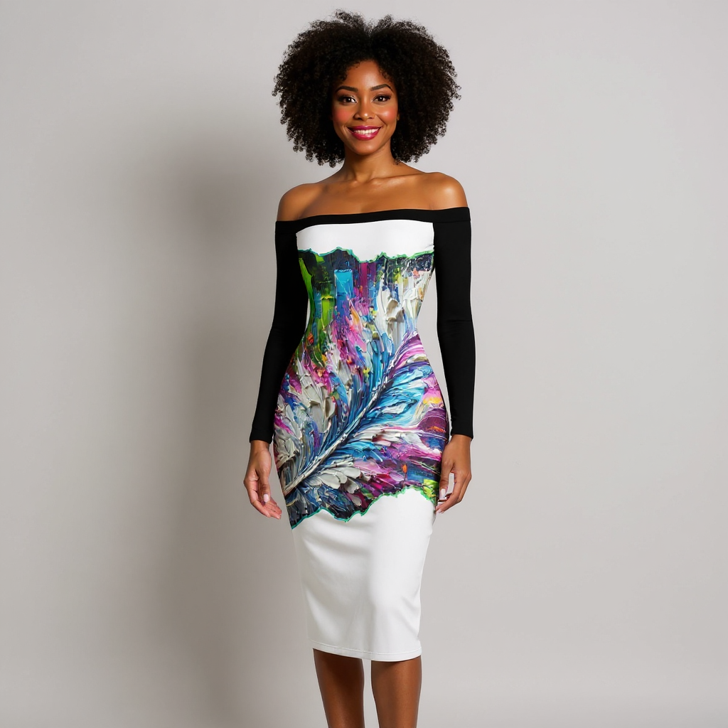 Eclipse Bodycon Off-Shoulder Dress |"Abstract Feather Print"