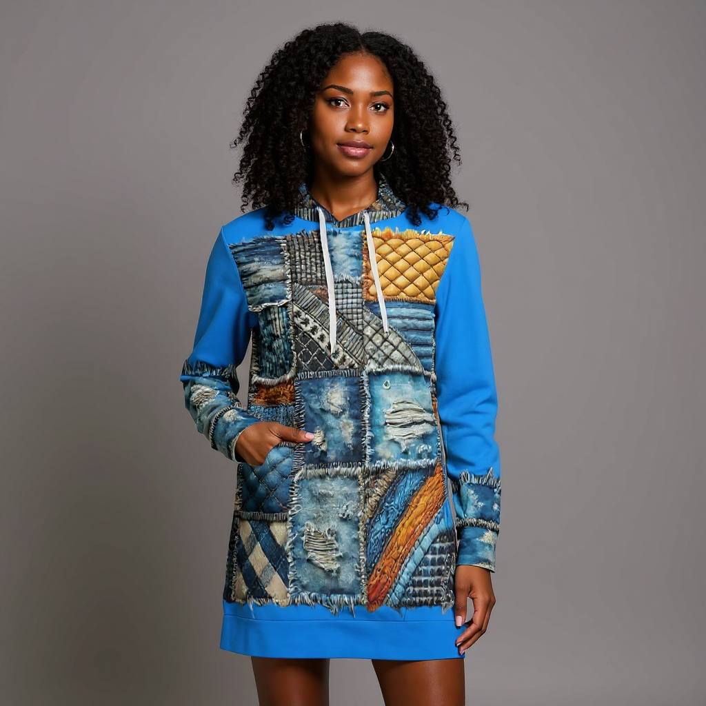 VelvetVibe™ Luxe Hoodie Dress | "Denim Patchwork Print"