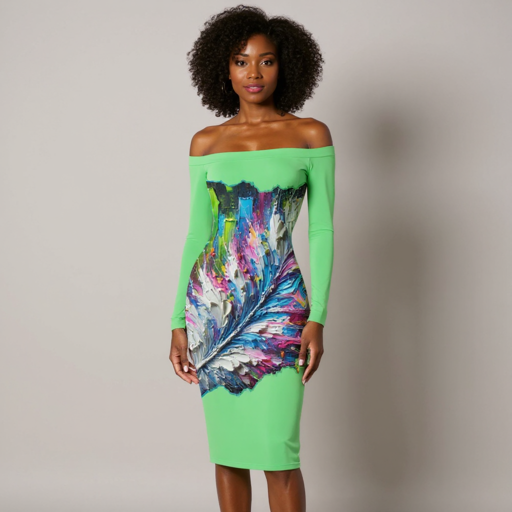 Eclipse Bodycon Off-Shoulder Dress |"Abstract Feather Print"