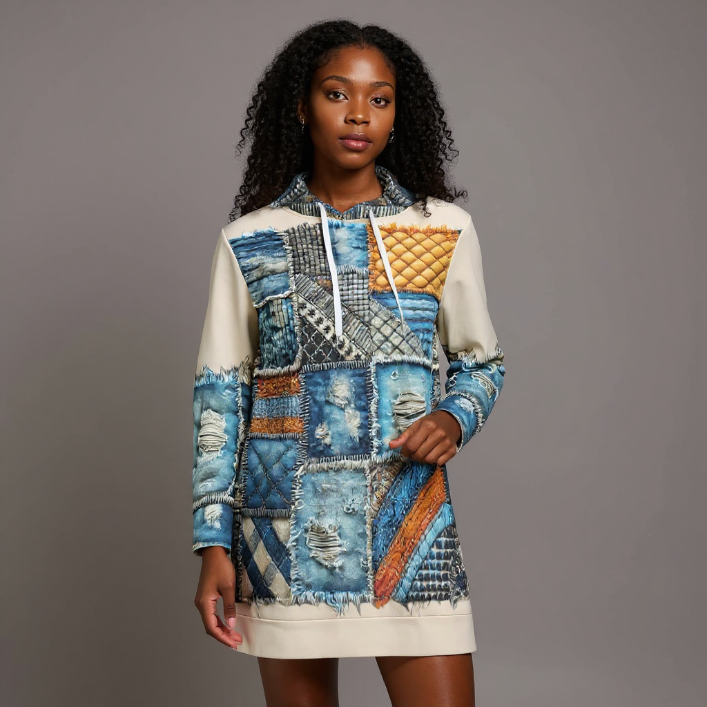 VelvetVibe™ Luxe Hoodie Dress | "Denim Patchwork Print"