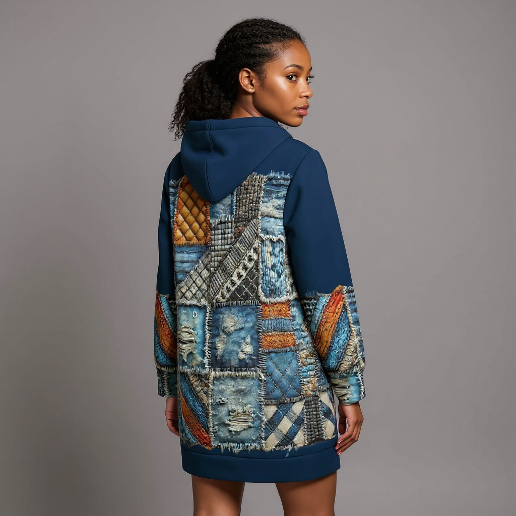 VelvetVibe™ Luxe Hoodie Dress | "Denim Patchwork Print"