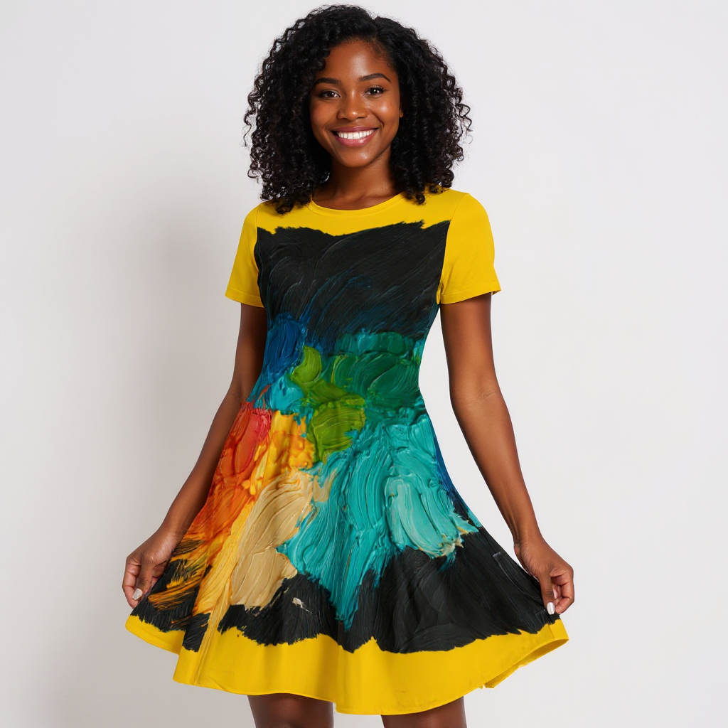 Premium Milk-Silk Short Sleeve Summer Dress |"Paint Abstract"