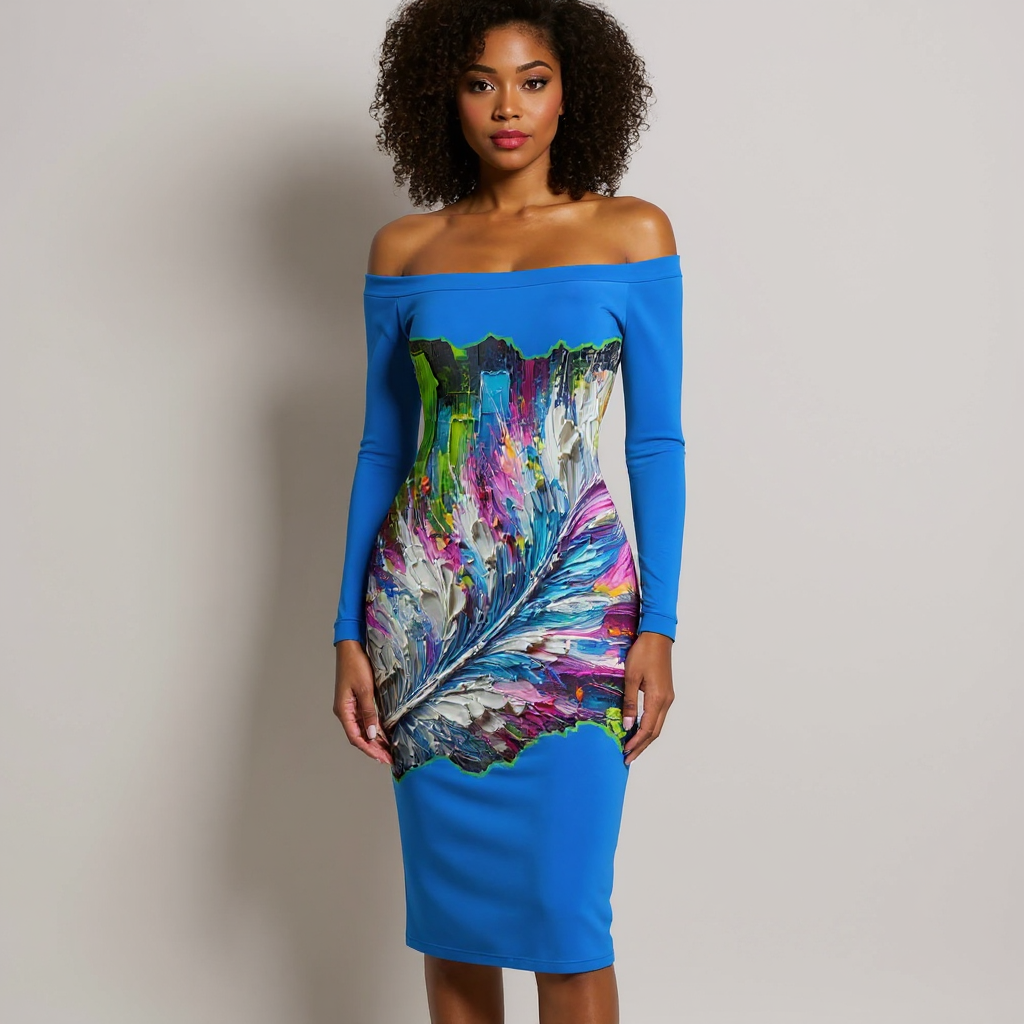 Eclipse Bodycon Off-Shoulder Dress |"Abstract Feather Print"