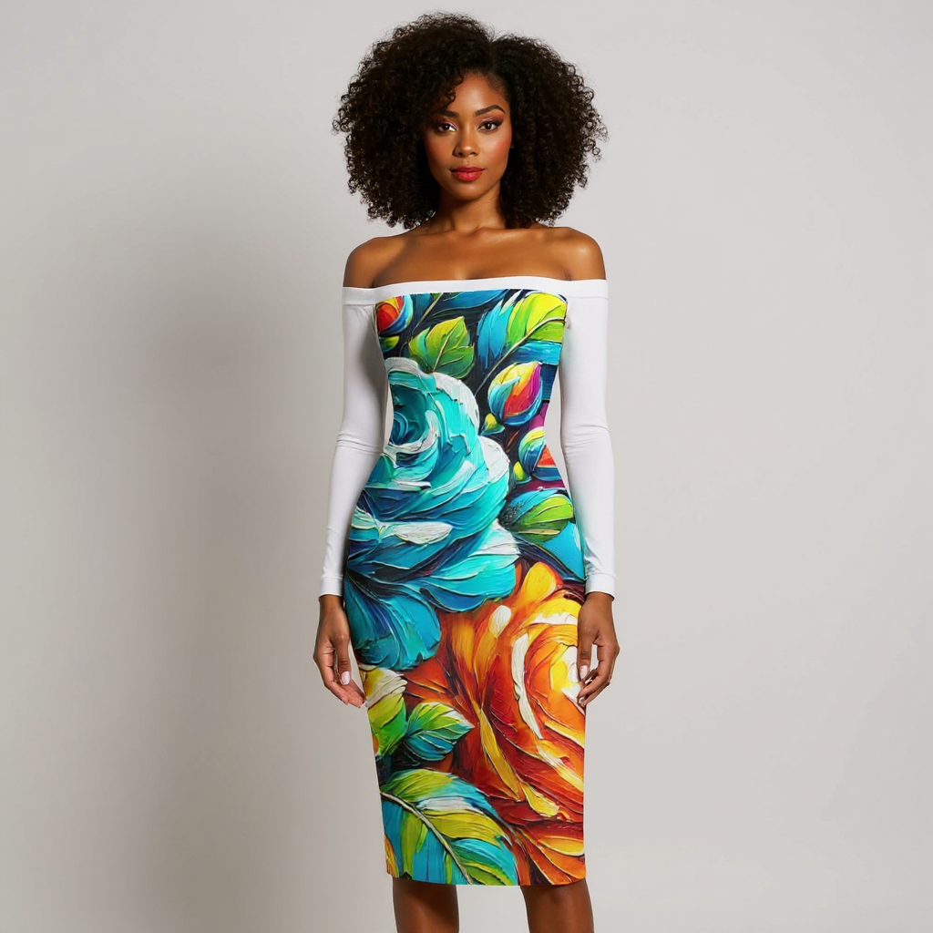 Eclipse Bodycon Off-Shoulder Dress | "Floral Print2"