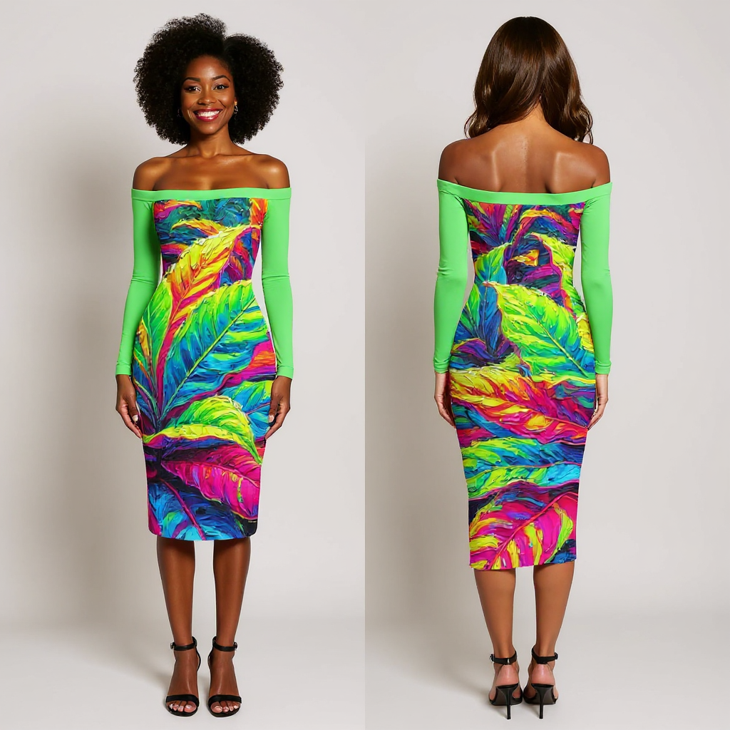 Eclipse Bodycon Off-Shoulder Dress | "Neon Croton Print"