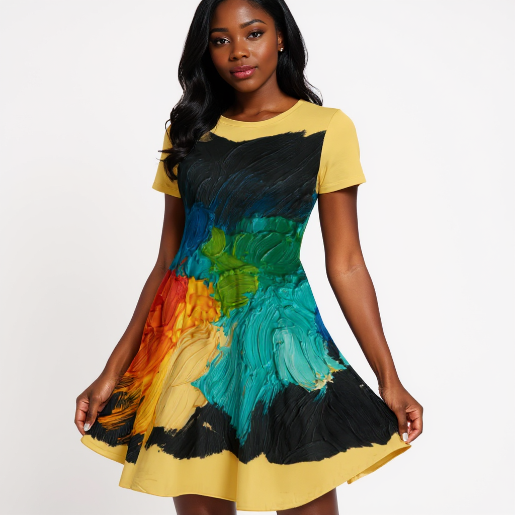 Premium Milk-Silk Short Sleeve Summer Dress |"Paint Abstract"