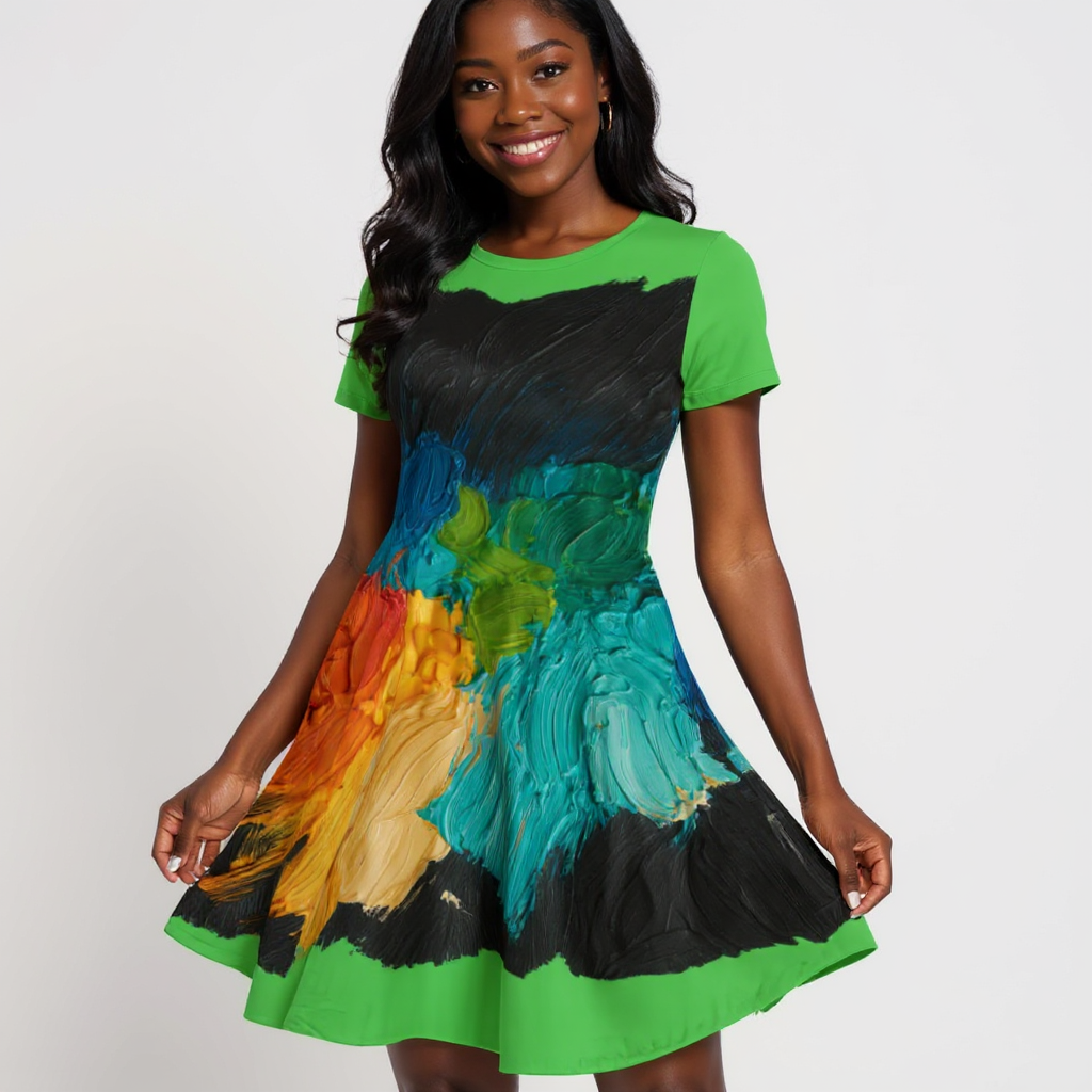 Premium Milk-Silk Short Sleeve Summer Dress |"Paint Abstract"