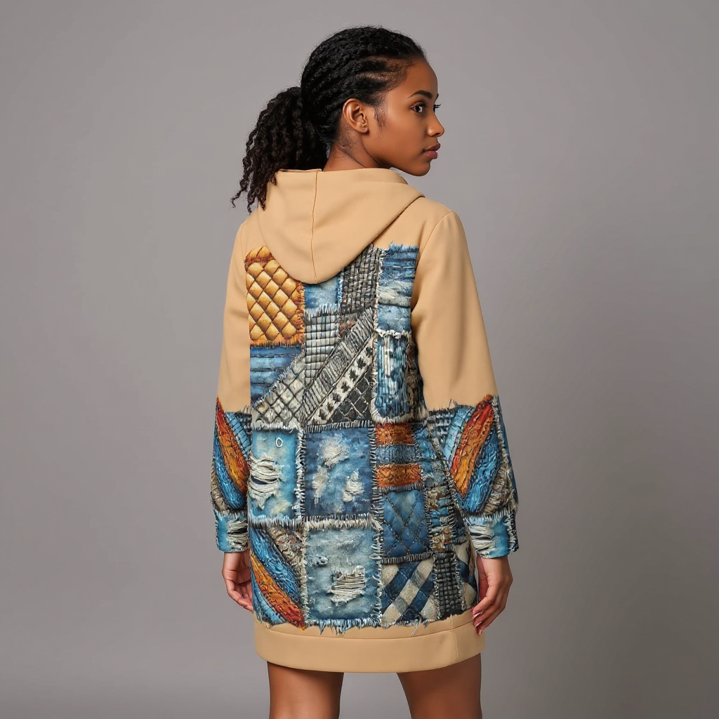 VelvetVibe™ Luxe Hoodie Dress | "Denim Patchwork Print"