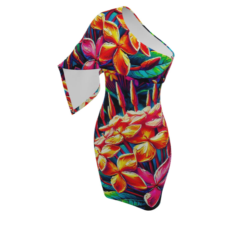 Womens One Shoulder Sleeve Evening Dress - All Over Prints